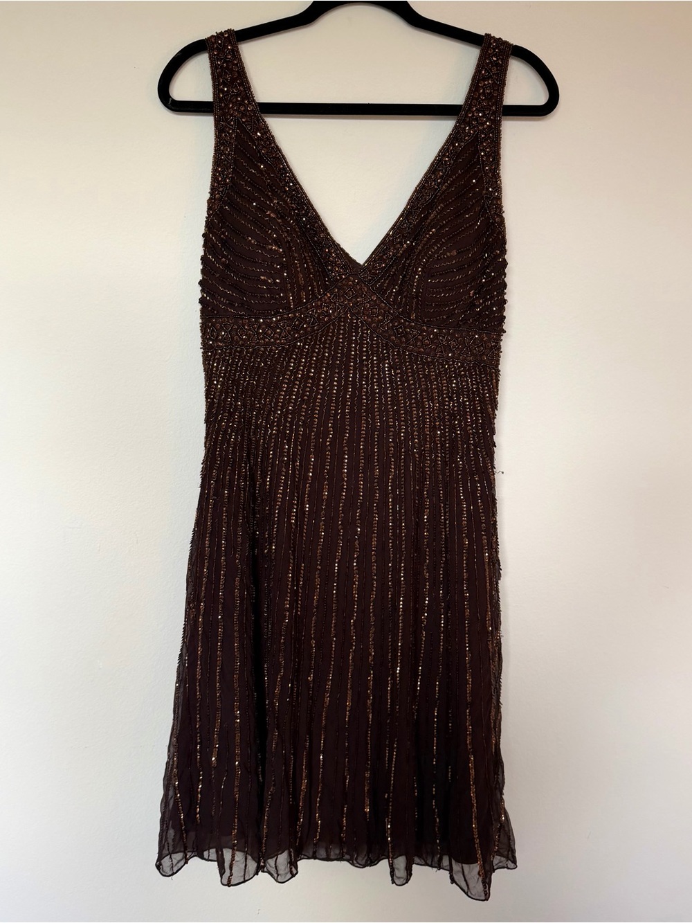 Patra Chocolate Brown Silk Beaded V-Neck Midi Dress Size 14 / XL